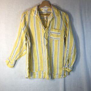 J. Jill Size S Petite Yellow w Blue White Stripes Split Neck Shirt Love Linen